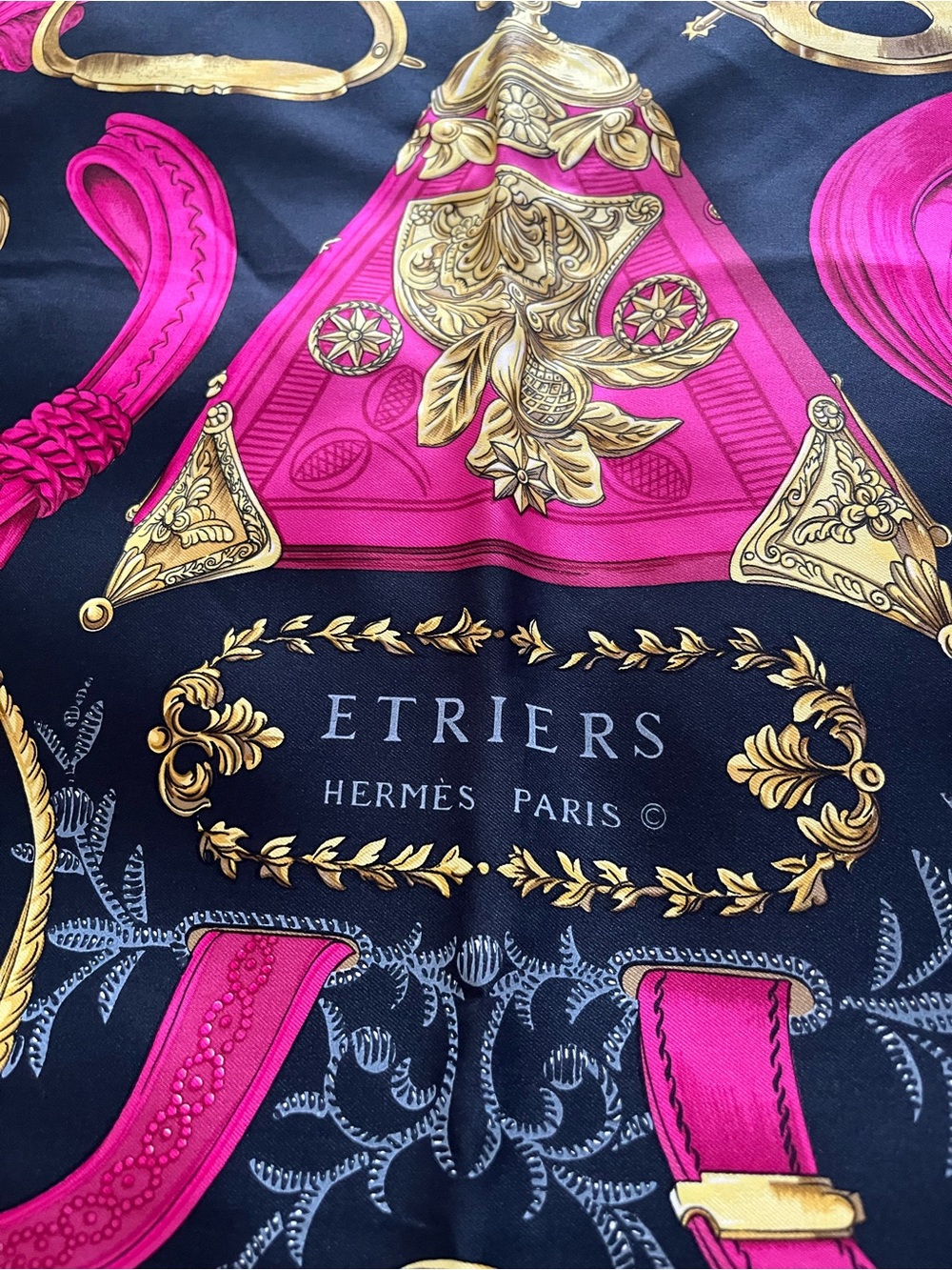 Vintage Hermes Pink Black Gold 'Etriers' Silk Scarf